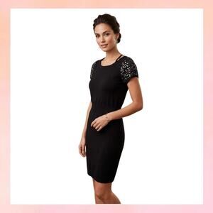 Ann Taylor LOFT Black Sequin Sleeve Knit Sheath Dress Bow Back Size Small